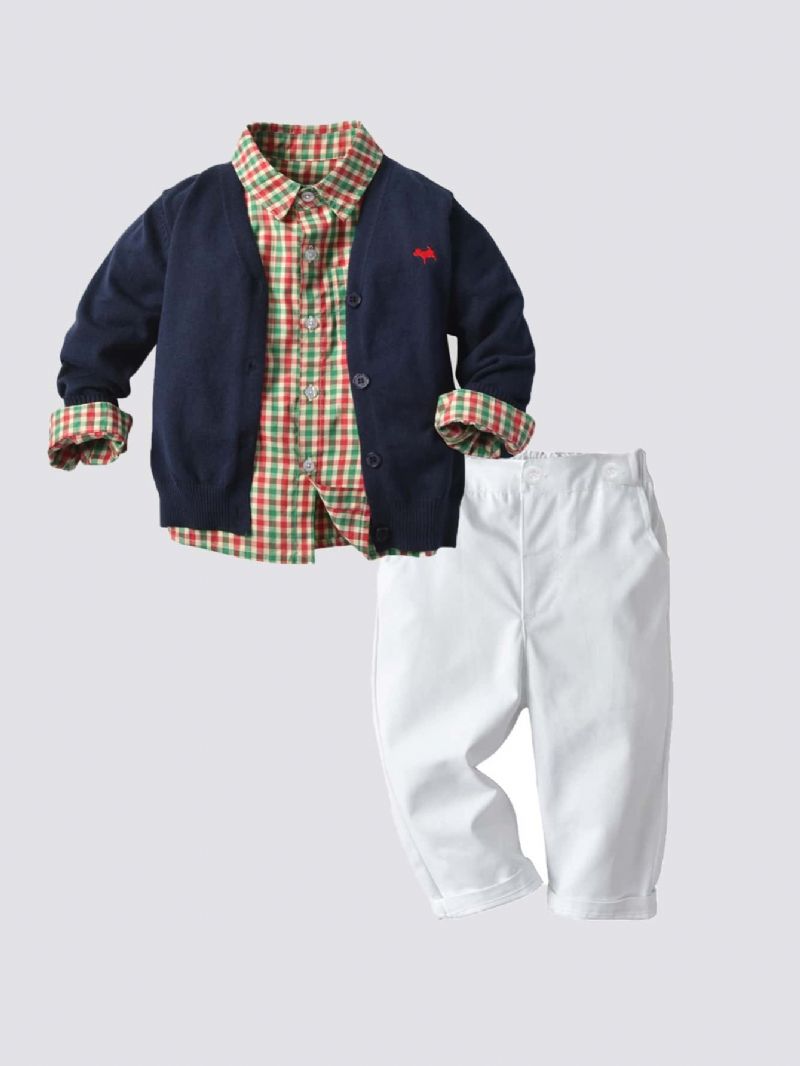 Drenge Forår Efterår Strikket Cardigan Langærmet Plaid Shirt Casual Pants Suit