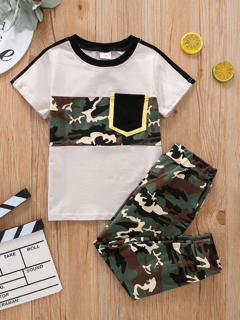 Drenge Kortærmet Top + Matchende Bukser Med Camouflagemønster Børnetøj
