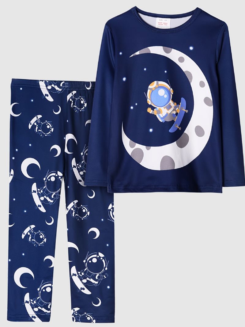 Drenge Pyjamas Moon Astronaut Print Rundhalset Langærmet Top & Bukser Sæt