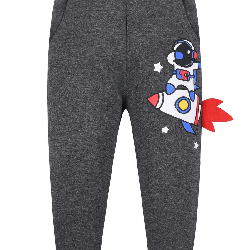 Drenge Space Astronaut Print Joggingbukser Med Termisk Fortykket Lomme Afslappet Søde Bukser Til Vinter 2-7 År Gammel