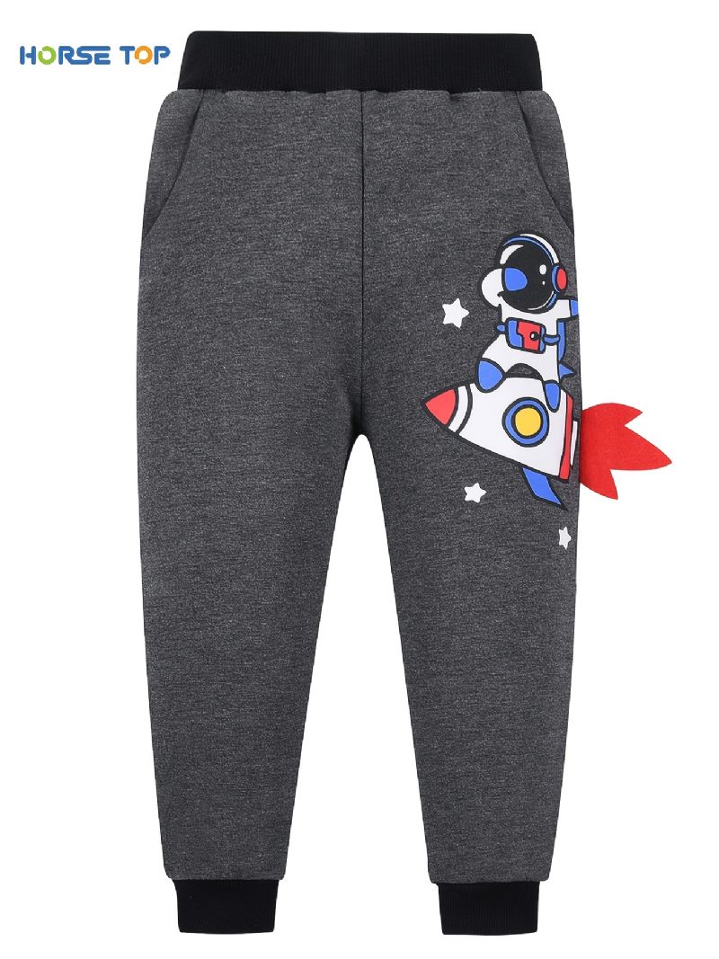 Drenge Space Astronaut Print Joggingbukser Med Termisk Fortykket Lomme Afslappet Søde Bukser Til Vinter 2-7 År Gammel