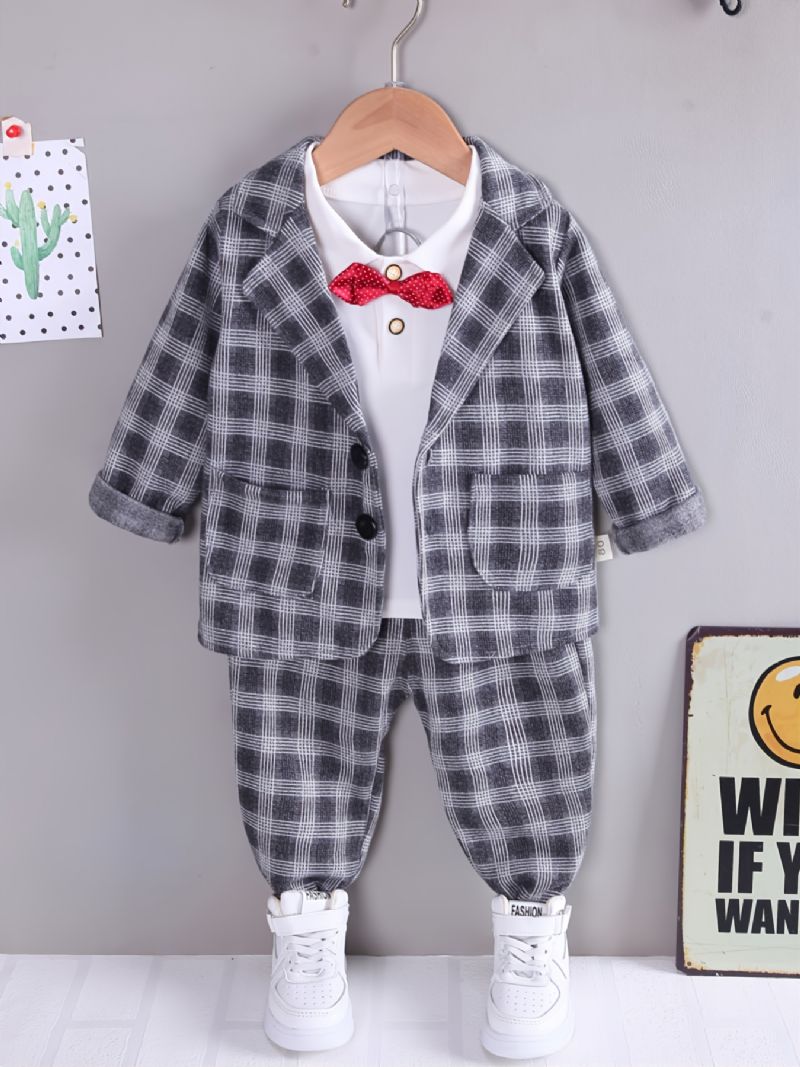 Efterårs Baby Drenge Plaid Revers Langærmet Top & Bukser & Krave