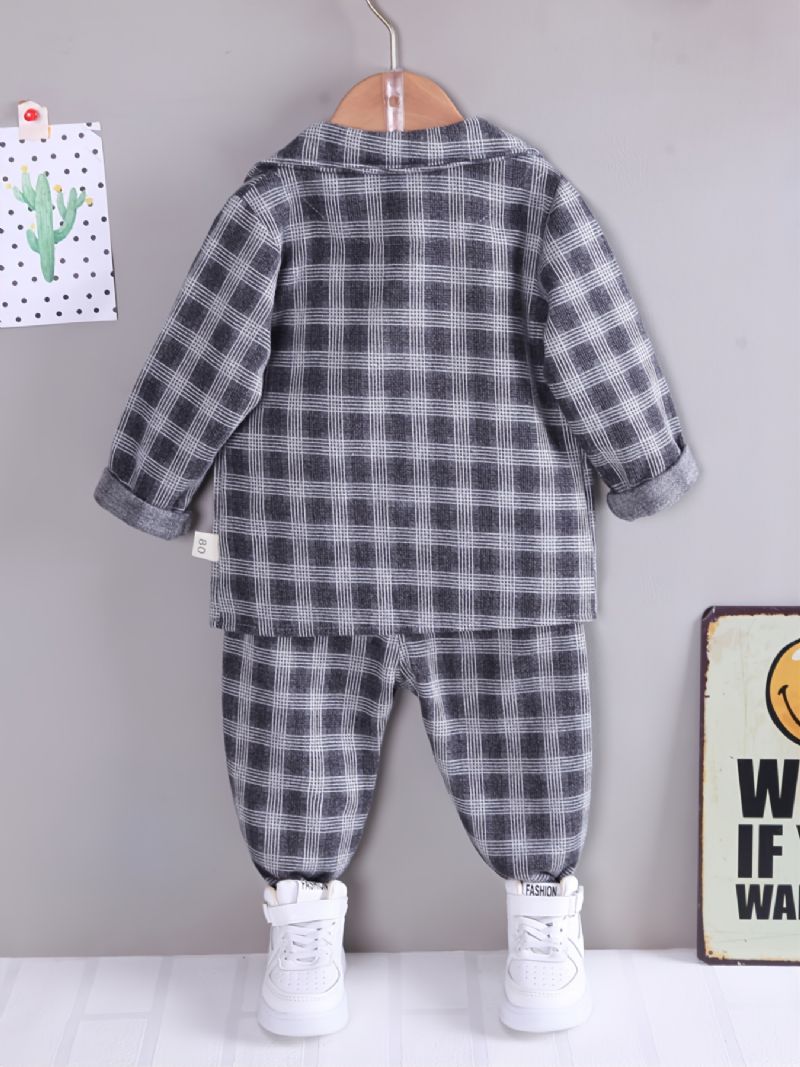 Efterårs Baby Drenge Plaid Revers Langærmet Top & Bukser & Krave