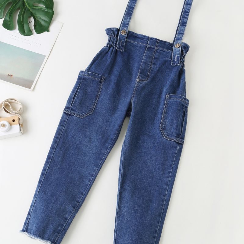 Piger Casual Solid Vintage Suspender Denimbukser Med Lomme