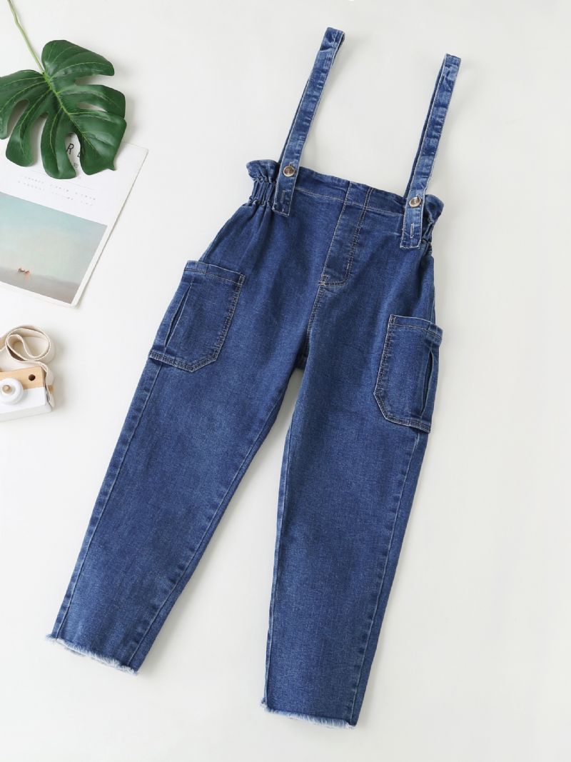 Piger Casual Solid Vintage Suspender Denimbukser Med Lomme