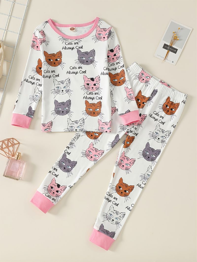 Piger Lounge Wear Homewear Langærmet Top & Matchende Bukser Sæt Med Katteprint