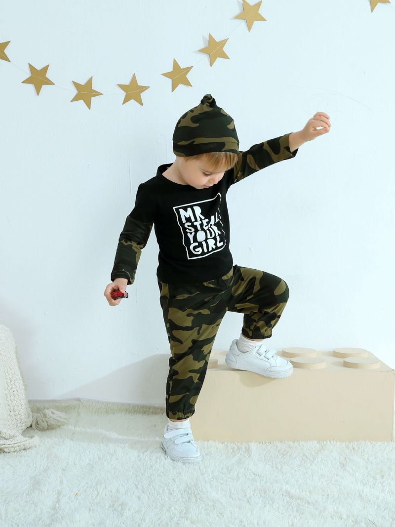 Småbørn Baby Drenge Outfits Langærmede Rundhals Camo Alfabet Print Skjorte & Jogger Bukser Med Snøre