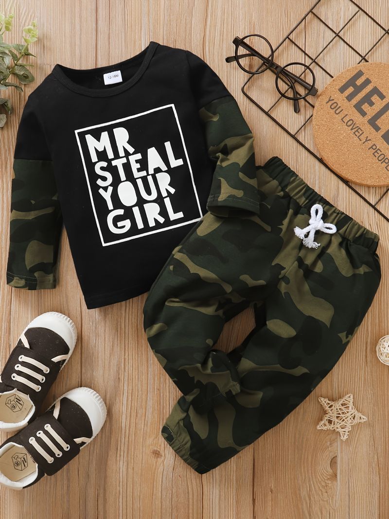 Småbørn Baby Drenge Outfits Langærmede Rundhals Camo Alfabet Print Skjorte & Jogger Bukser Med Snøre