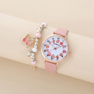 Børns Simple Chic Runde Quartz Watch + Butterfly Armbånd