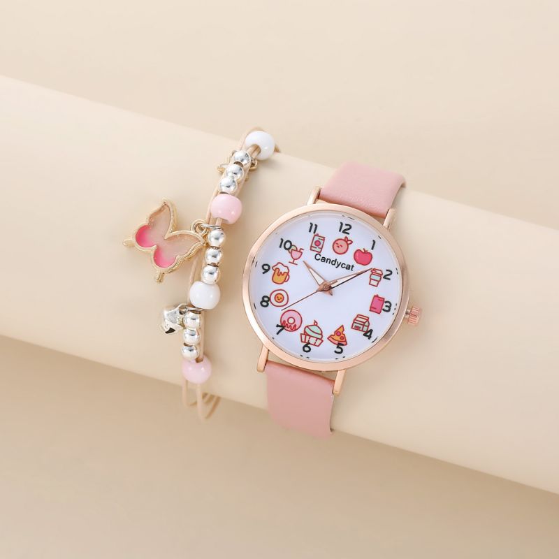 Børns Simple Chic Runde Quartz Watch + Butterfly Armbånd