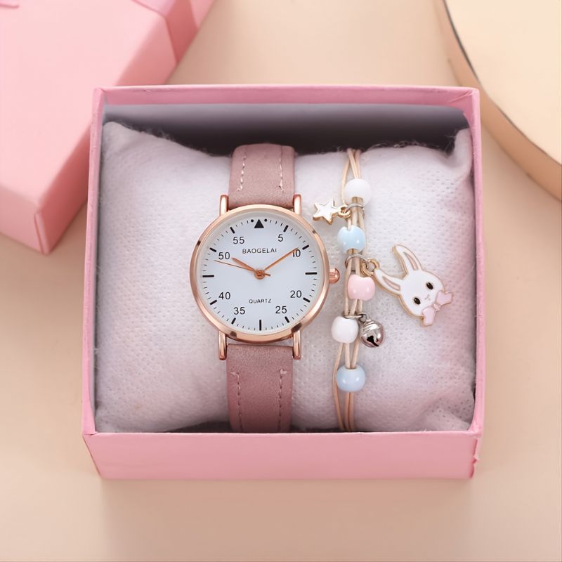 Piger Mode Pink Quartz Watch + Bunny Armbånd