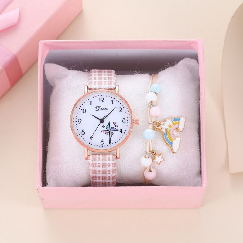 Piger Modeable Chic Runde Pinwheel Quartz Watch + Small Rainbow Armbånd