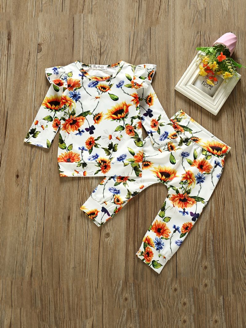 2 Stk Baby Piger Casual Flower Mønster Toppe & Bukser Sæt