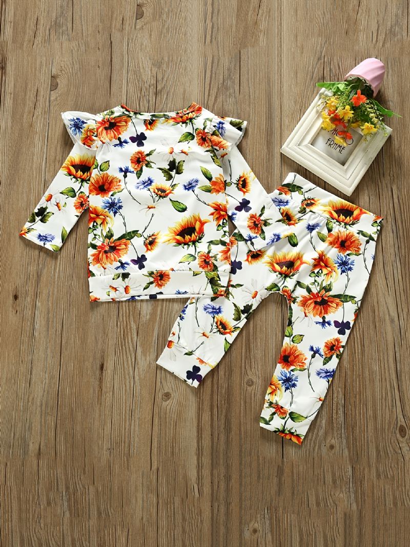 2 Stk Baby Piger Casual Flower Mønster Toppe & Bukser Sæt