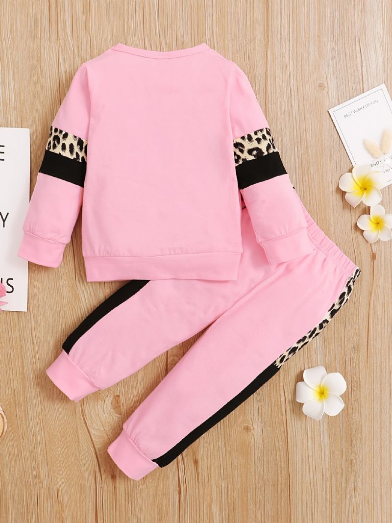 2 Stk Baby Piger Leopard Print Rundhalset Langærmet Sweatshirt & Bukser Sæt