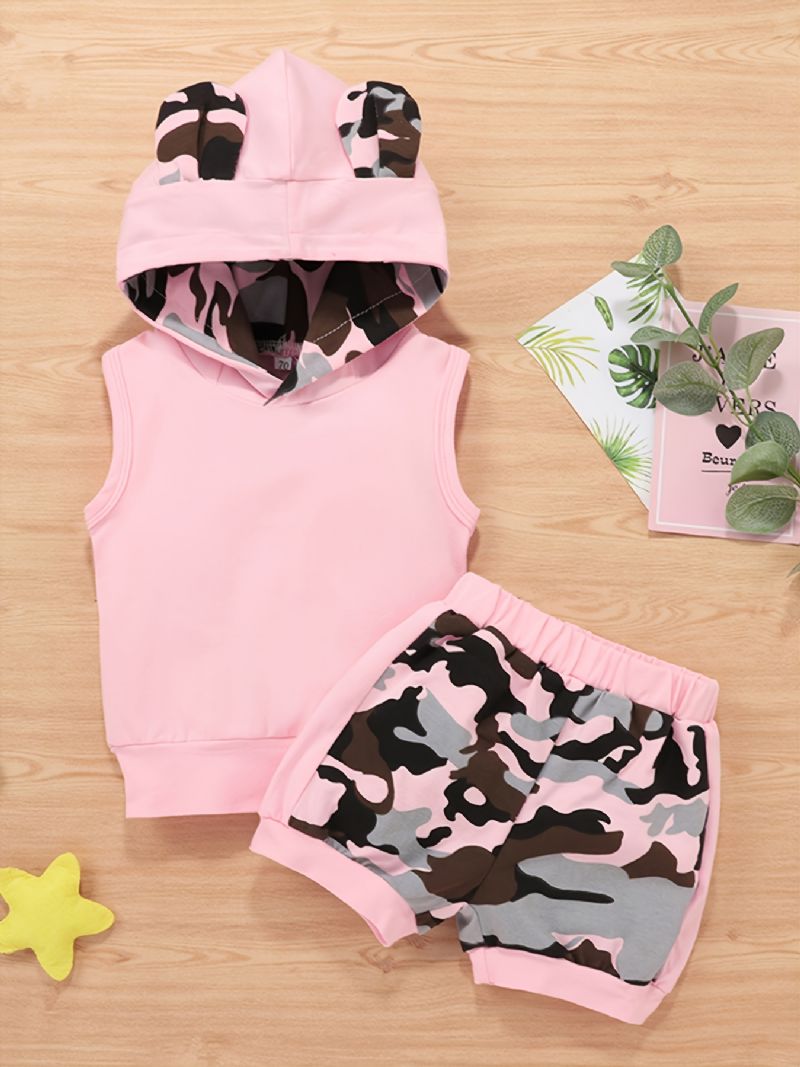 2 Stk Baby Piger Sæt Casual Colorblock Camouflage Print Ærmeløs Hættetrøje & Elastiske Talje Shorts Sæt