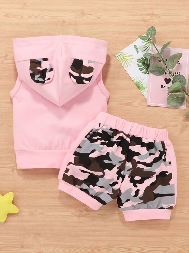 2 Stk Baby Piger Sæt Casual Colorblock Camouflage Print Ærmeløs Hættetrøje & Elastiske Talje Shorts Sæt