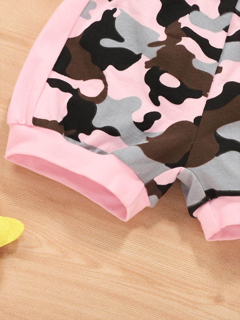 2 Stk Baby Piger Sæt Casual Colorblock Camouflage Print Ærmeløs Hættetrøje & Elastiske Talje Shorts Sæt