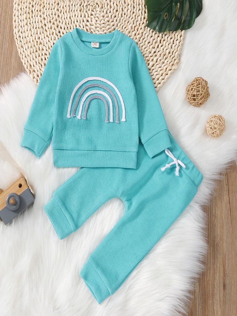 2 Stk Babypiger Casual Rainbow Broderet Pullover Sweatshirt & Snørebukser Sæt Til Vinter