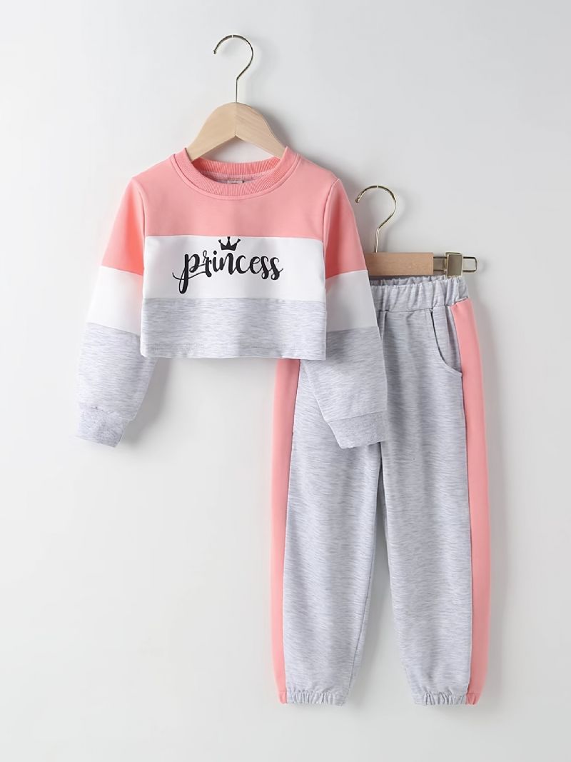 2 Stk Børnepiger Letter Pullover Farveblok Langærmet Crop Sweatshirt & Sweatpants Børnetøj