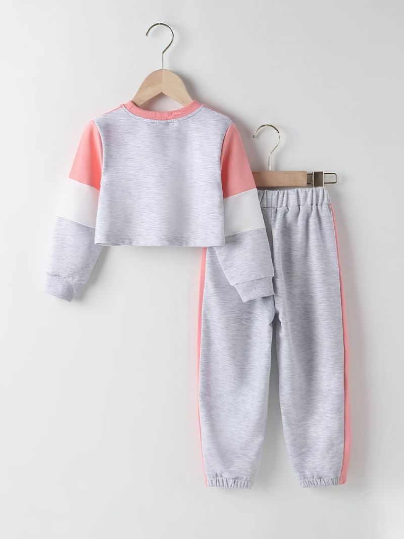 2 Stk Børnepiger Letter Pullover Farveblok Langærmet Crop Sweatshirt & Sweatpants Børnetøj