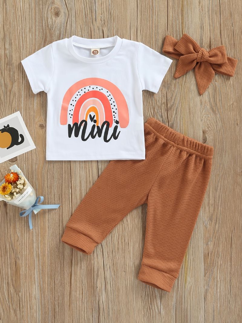 2 Stk Nyfødt Baby Pige Sæt Regnbue Alfabet Print T-shirt Ensfarvet Vaffelbukser