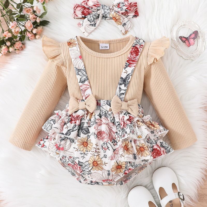 2 Stk Nyfødt Spædbørn Baby Pige Blomster Sløjfe Romper Langærmet Ribbet Bodysuit Flæse Tutu Nederdel Sæt Pandebånd Sommertøj