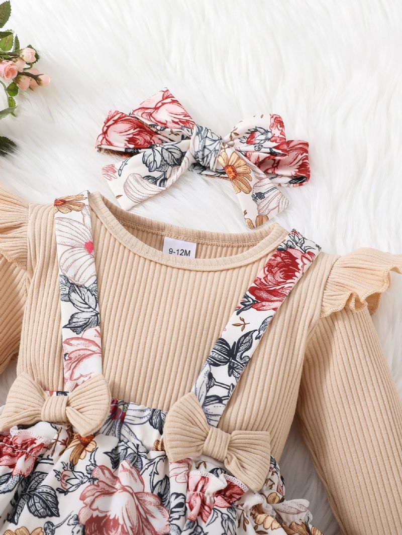 2 Stk Nyfødt Spædbørn Baby Pige Blomster Sløjfe Romper Langærmet Ribbet Bodysuit Flæse Tutu Nederdel Sæt Pandebånd Sommertøj