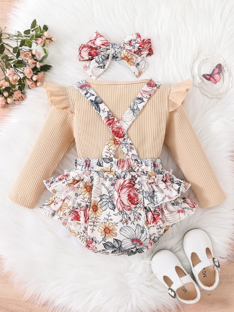 2 Stk Nyfødt Spædbørn Baby Pige Blomster Sløjfe Romper Langærmet Ribbet Bodysuit Flæse Tutu Nederdel Sæt Pandebånd Sommertøj