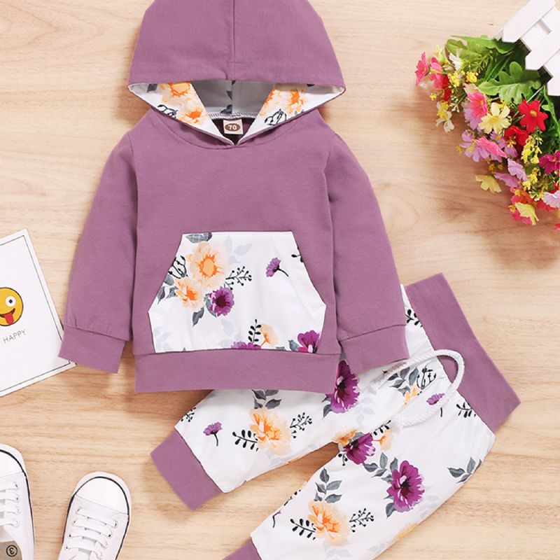 2 Stk Pige Blomster Hooded Pocket Langærmet Sweatshirt Sæt