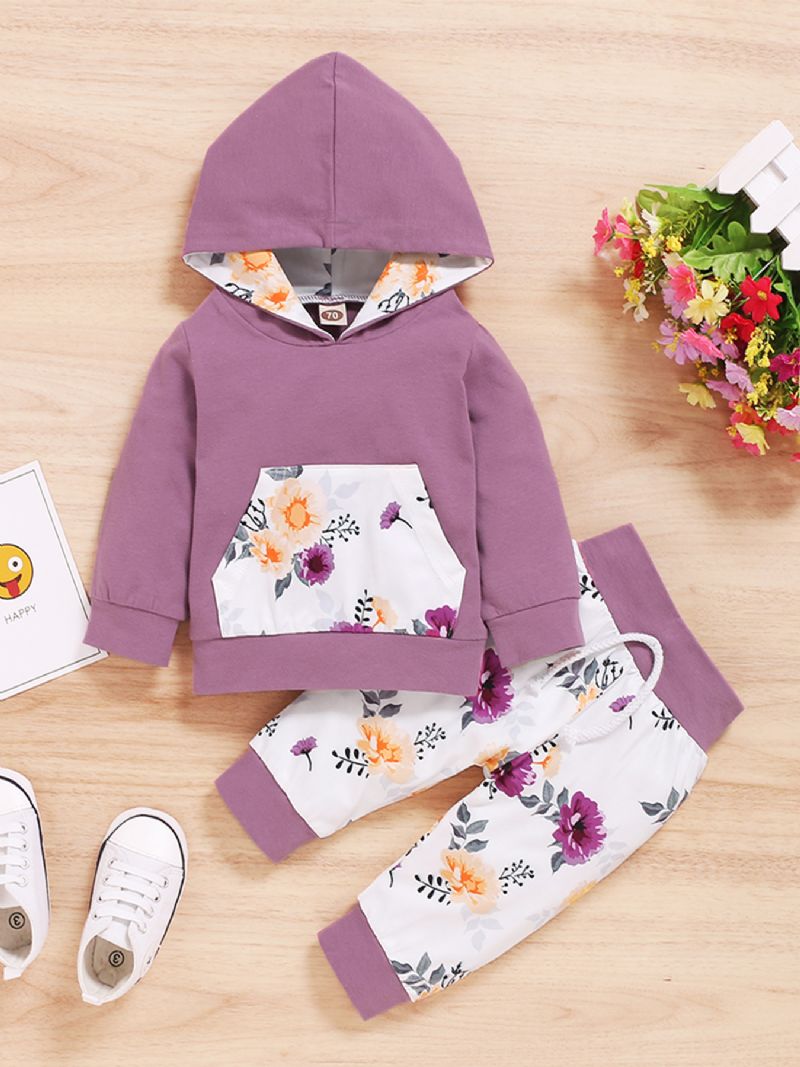 2 Stk Pige Blomster Hooded Pocket Langærmet Sweatshirt Sæt