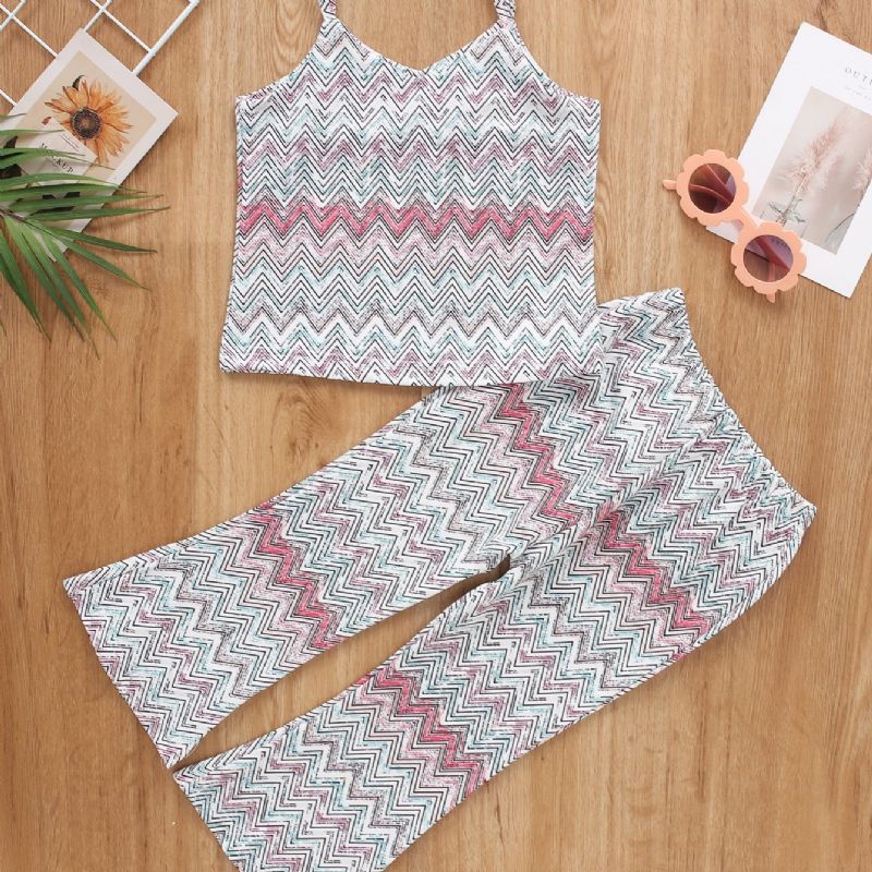 2 Stk Pige Stribet Print Camisole & Flared Bukser Sæt