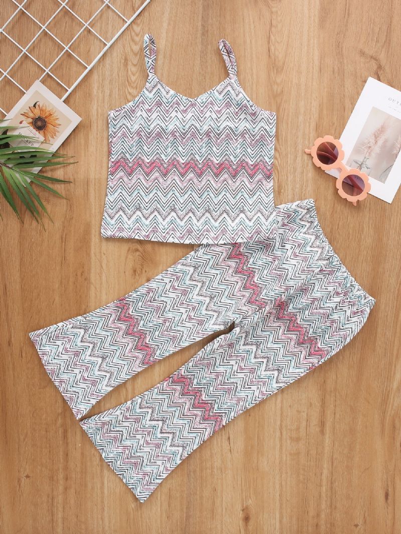 2 Stk Pige Stribet Print Camisole & Flared Bukser Sæt