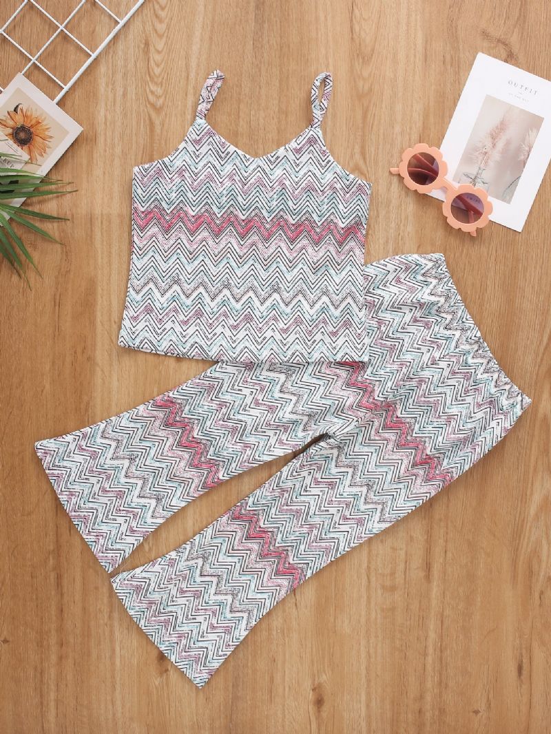 2 Stk Pige Stribet Print Camisole & Flared Bukser Sæt