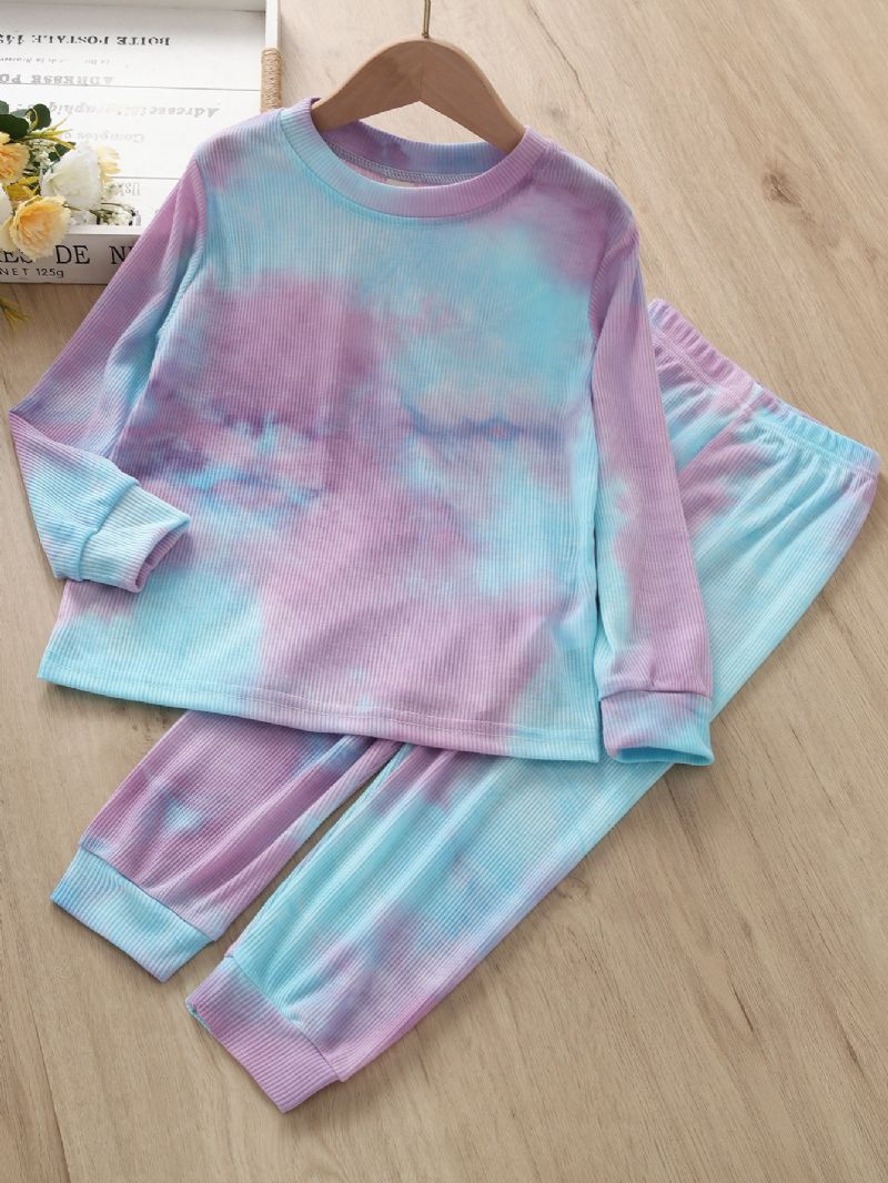 2 Stk Piger Casual Tie Dye Langærmede Rundhalsede Toppe Og Bukser Sæt Børnetøj