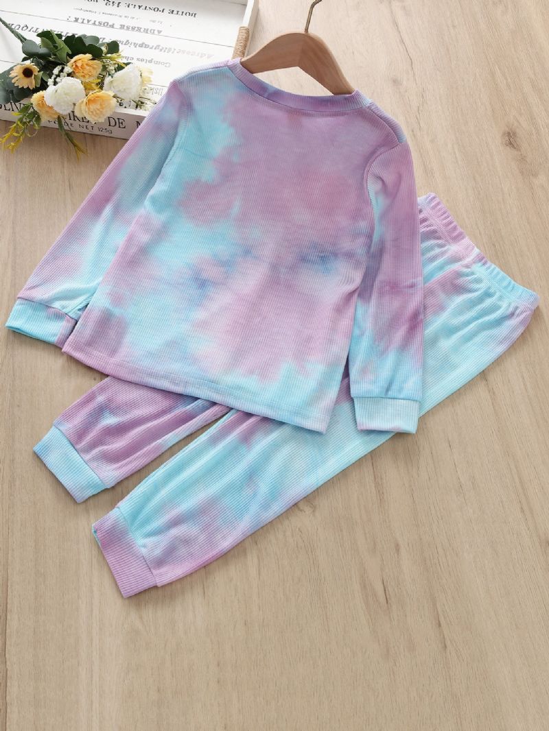 2 Stk Piger Casual Tie Dye Langærmede Rundhalsede Toppe Og Bukser Sæt Børnetøj