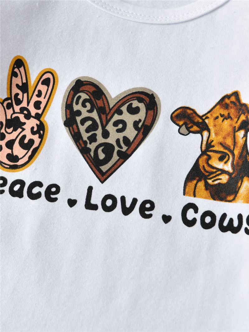 2 Stk Piger Peace Love Cows Langærmede Toppe & Ko-print Flared Bukser Sæt