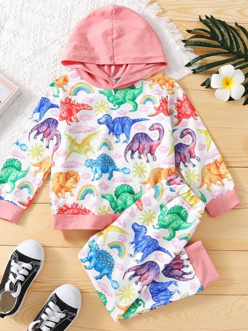 2 Stk Småbørnspiger Langærmet Hætte Dinosaur Print Farverige Sweatshirt & Bukser Sæt