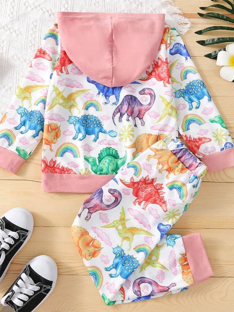 2 Stk Småbørnspiger Langærmet Hætte Dinosaur Print Farverige Sweatshirt & Bukser Sæt