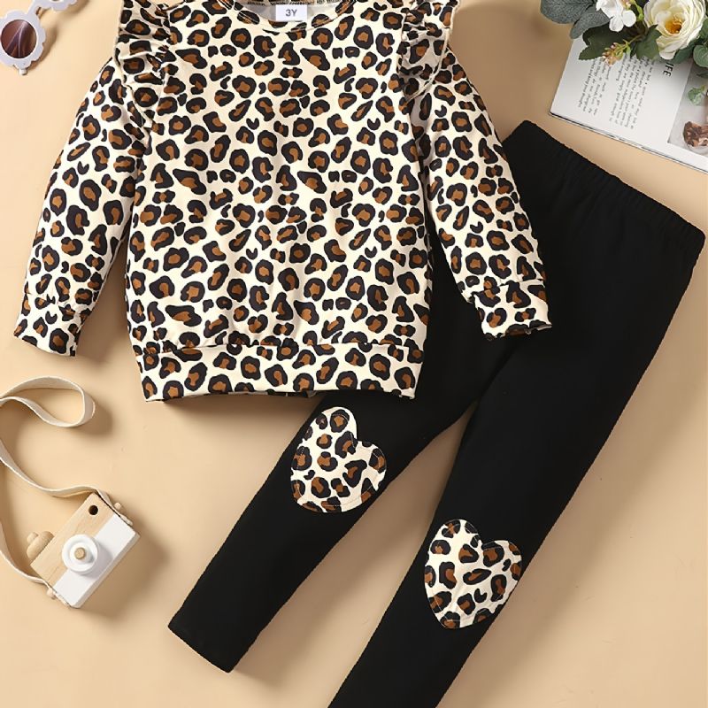 2 Stk Småbørnspiger Sæt Efterår & Vinter Nye Børne Leopard Solid Top & Patchwork Bukser Sæt