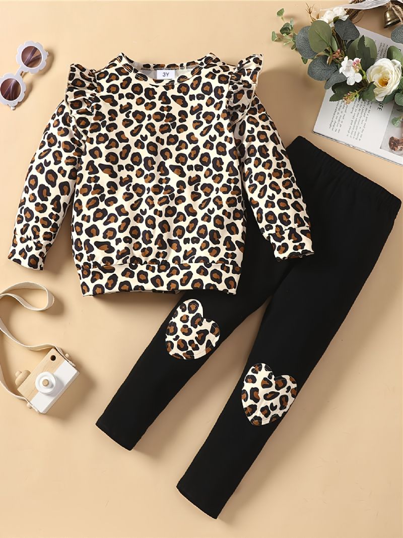 2 Stk Småbørnspiger Sæt Efterår & Vinter Nye Børne Leopard Solid Top & Patchwork Bukser Sæt