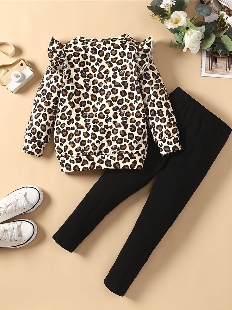 2 Stk Småbørnspiger Sæt Efterår & Vinter Nye Børne Leopard Solid Top & Patchwork Bukser Sæt