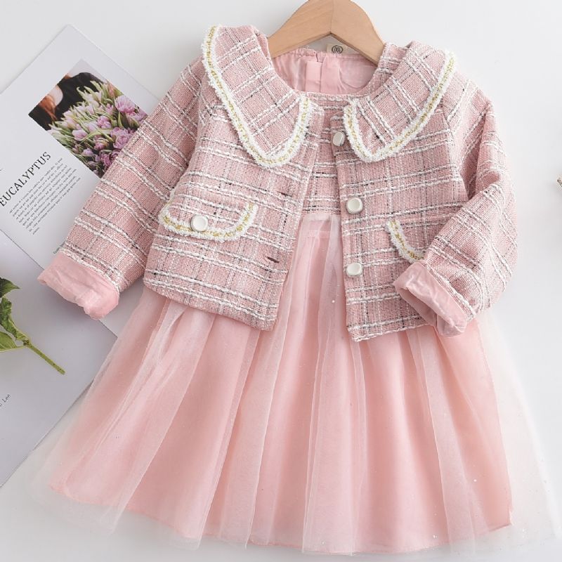 2 Stk. Toddler Piger Mesh-nederdel & Gingham-ærmer Topsæt