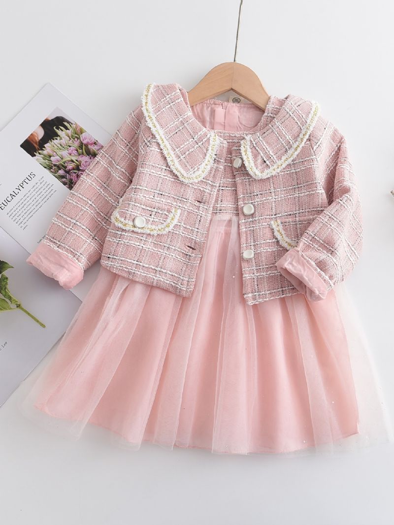 2 Stk. Toddler Piger Mesh-nederdel & Gingham-ærmer Topsæt