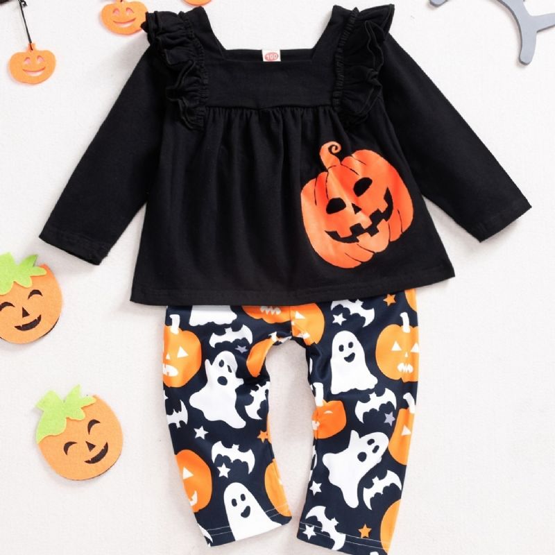 2ps Piger Halloween Black Pumpkin Top & Ghost Pants Set