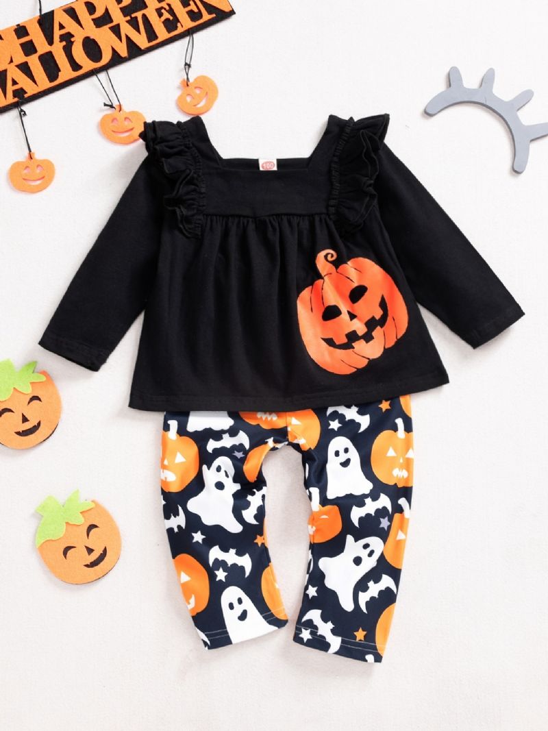 2ps Piger Halloween Black Pumpkin Top & Ghost Pants Set