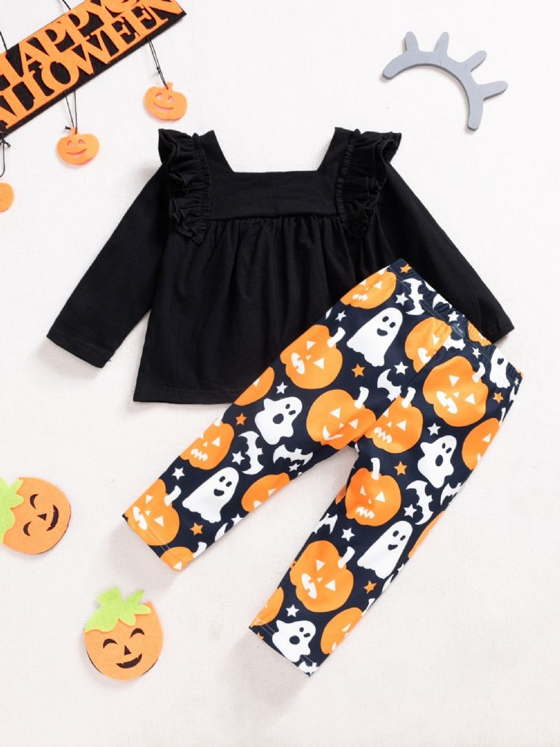 2ps Piger Halloween Black Pumpkin Top & Ghost Pants Set