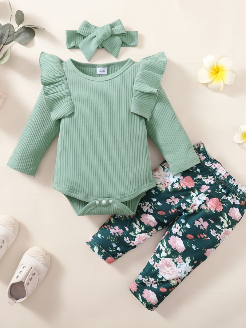 3 Stk Pigesæt Solid Langærmede Onesie Rompers Blomsterprint Bukser Sæt Med Sløjfe Pandebånd