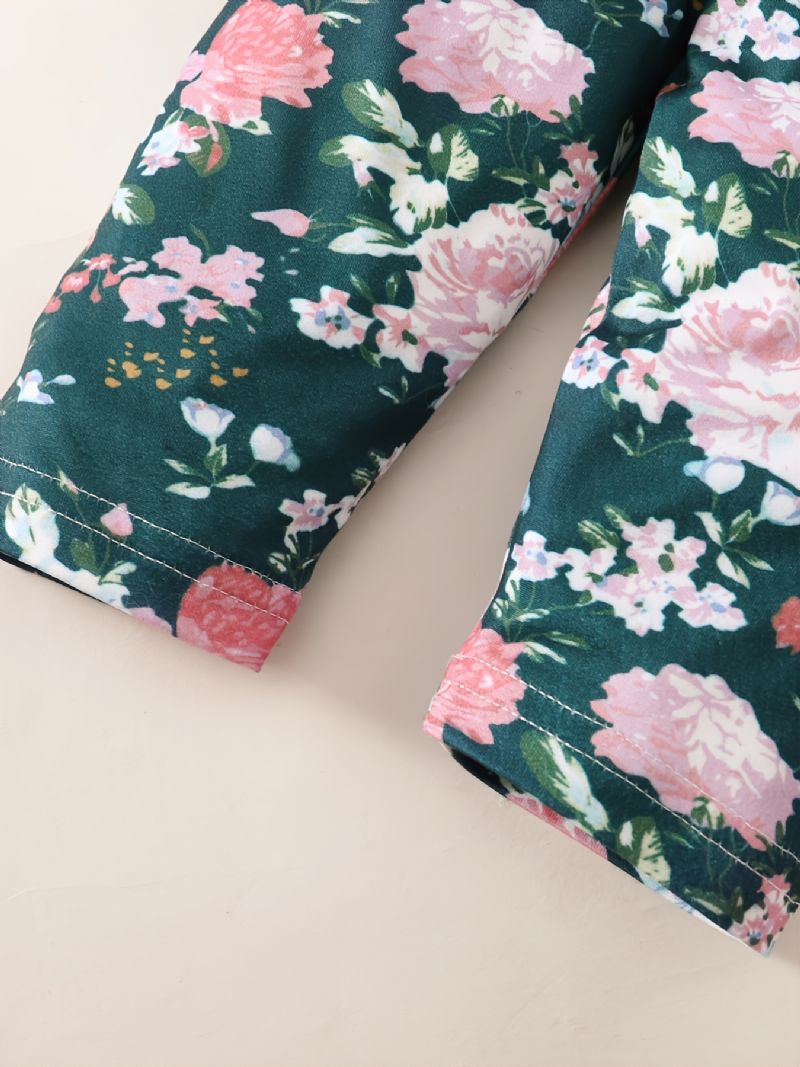 3 Stk Pigesæt Solid Langærmede Onesie Rompers Blomsterprint Bukser Sæt Med Sløjfe Pandebånd