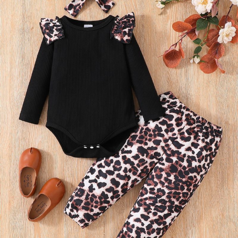 3 Stk Småbørnspiger Leopardprint Ærmer Rund Hals Bodysuit & Leopard Bukser Sæt